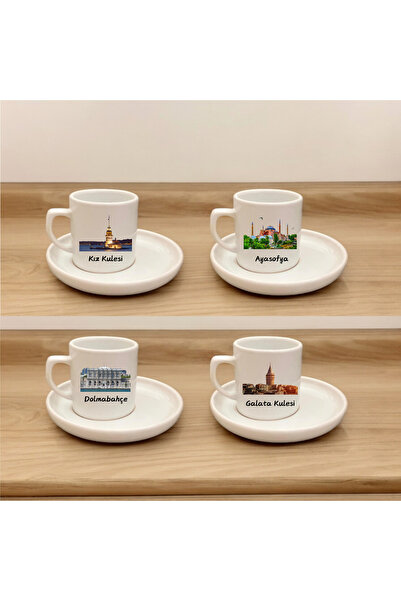BİBANAPROMOSYON 4 Lü 8 Parça İstanbul Temalı Özel Tasarım Türk Kahvesi Fincan...
