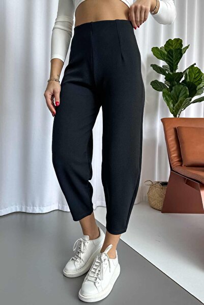 Mine Tan Butik Krep Kemersiz Balon Kadın Pantolon - Siyah