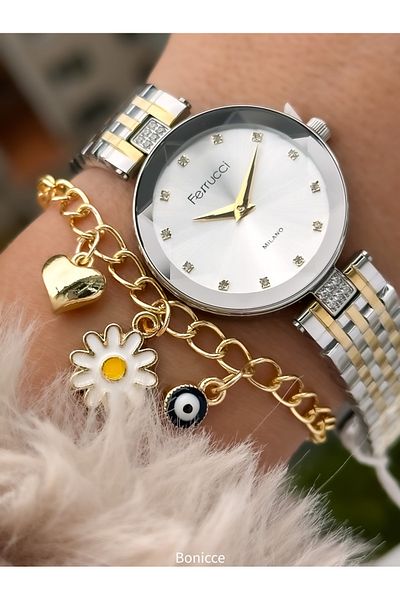 Ferrucci Silver Yellow Color Steel Band Women's Wrist Watch and Bracelet Set
