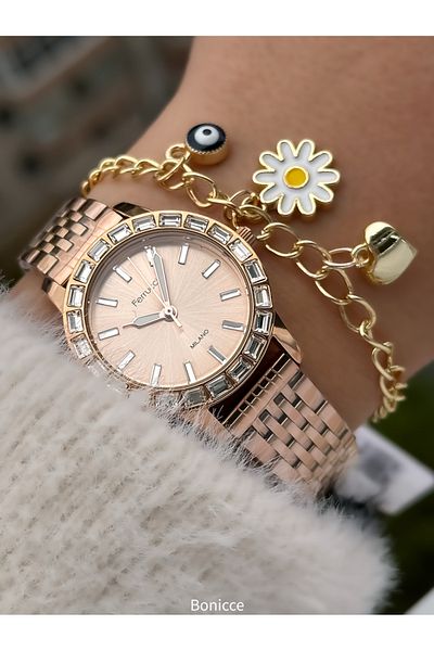 Ferrucci Brand Rose Color Steel Band Women's Wrist Watch + Bracelet Gift