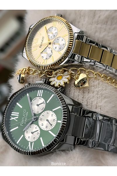 Ferrucci Smoked Color Steel Band - Silver Yellow Wristwatch & Rosary Bracelet Gift