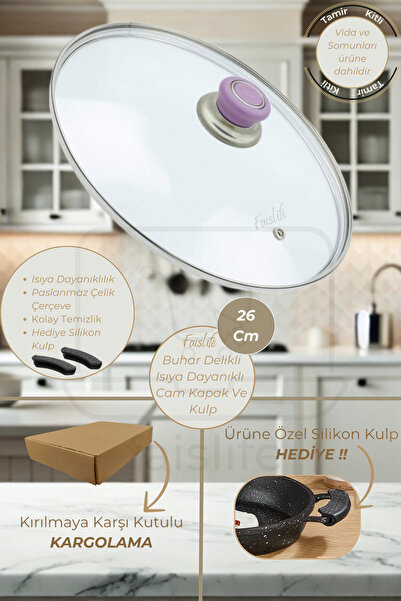 Faislife 26 Cm Cam Kapak Lila Tutma Tepesi Buhar Delikli Tüm Tencere Sahan Ta...