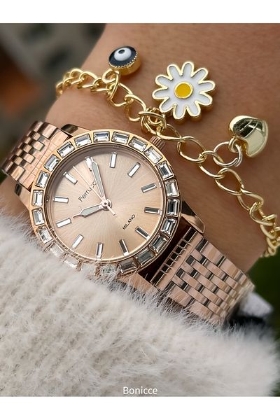 Ferrucci Brand Rose Color Steel Band Women's Wrist Watch + Bracelet Gift