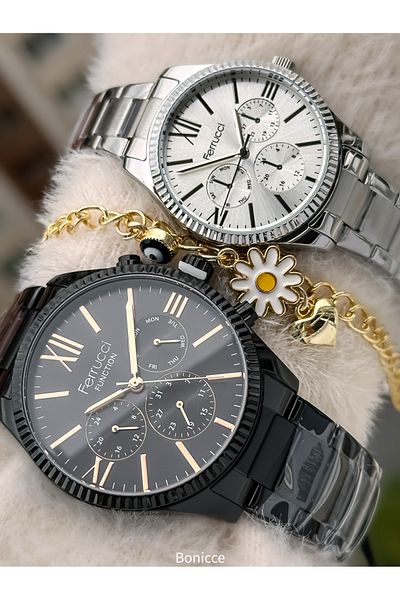 Ferrucci Black Silver Color Steel Band Brand Wrist Watch with Bracelet Gift
