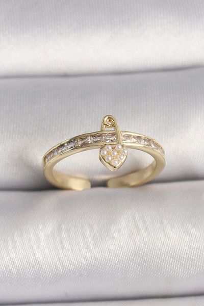 Clariss Brass Gold Color Zircon Stone Pearl Detail Lock Heart Figure Adjustable Ring