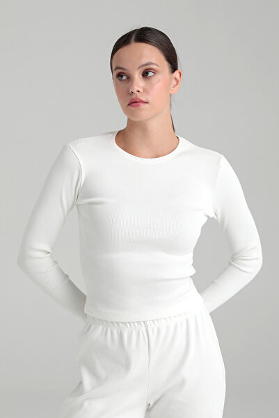 SHEISMONO Soft Rib Yuvarlak Yaka Bluz Ekru