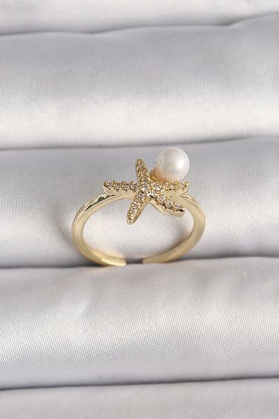 Clariss Brass Gold Color Zircon Stone Starfish Model Pearl Detail Adjustable Ring