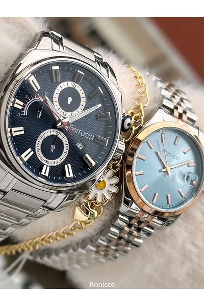 Ferrucci Brand Steel Cord Silver Yellow Color Dear Wrist Watch + Rosary Bracelet