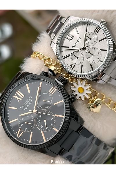 Ferrucci Black Silver Color Steel Band Brand Wrist Watch with Bracelet Gift