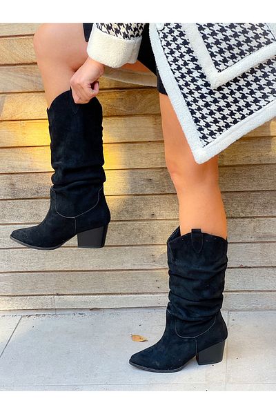 irmona Terry Black Cowhide Suede Μαύρη σόλα Gusseted Dallas Boots