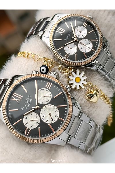 Ferrucci Brand Steel Cord Silver Color Dear Wrist Watch + Rosary Bracelet