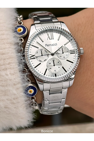 Ferrucci ساعة يد نسائية فضية اللون بسلك فولاذي + هدية سوار