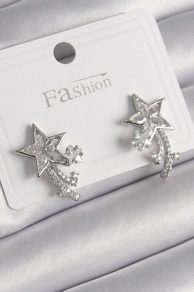 Clariss Brass Silver Color Zircon Cubic Zirconia Star Model Women's Earrings