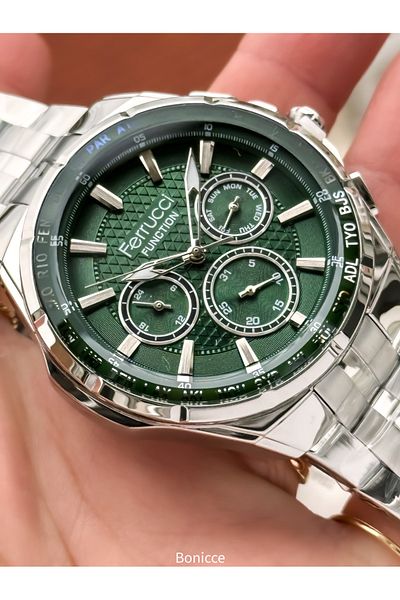 Ferrucci Silver Color Steel Band Functions Active Green Dial Men's Wrist Watch+Bracelet with Rosary Gift