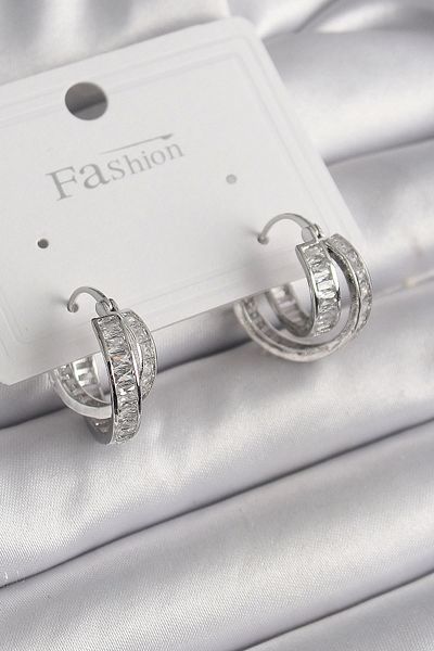 Clariss Brass Silver Color Zircon Stone Hoop Model Women's Earrings