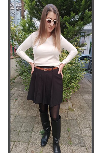 KAROL kahverengi kemerli önü pileli ve likralı siyah mini etek