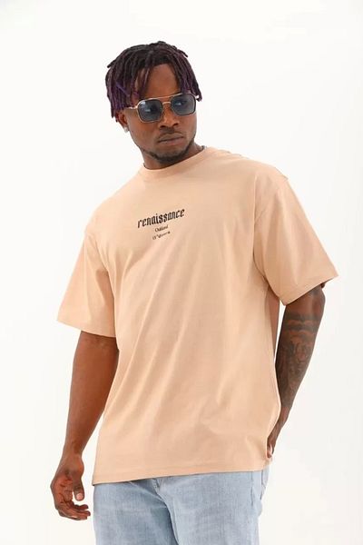 MMB Boutique Μπλουζάκι Unisex Oversize Crew Neck σε μπεζ χρώμα - εμπριμέ