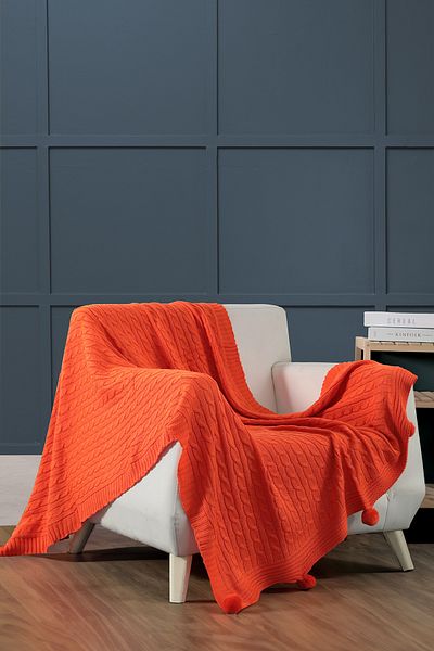 ART ÇEYİZ Pompom Knitted Knitted Tv Blanket (Sofa Shawl)
