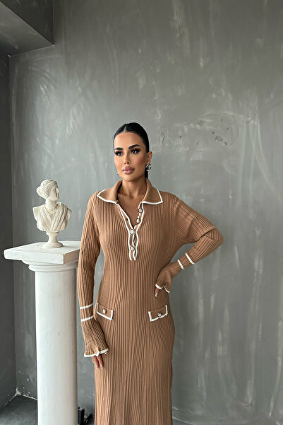 kamacibutik Πλεκτό φόρεμα με ριγέ μανίκια με λαιμόκοψη πόλο (Τυπικό μέγεθος S/M/L/XL)