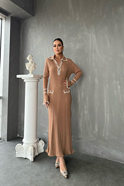 kamacibutik Πλεκτό φόρεμα με ριγέ μανίκια με λαιμόκοψη πόλο (Τυπικό μέγεθος S/M/L/XL)