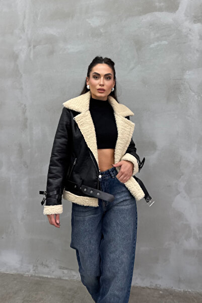 msm fashion Černá motorkářská kožená bunda – dámská, kožešina uvnitř, krátký kabát