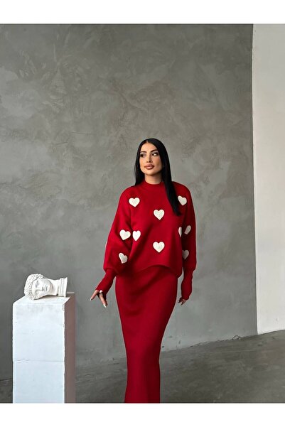 DTBUTİK Kalp Desenli Kadın Kazak Elbise Takımı