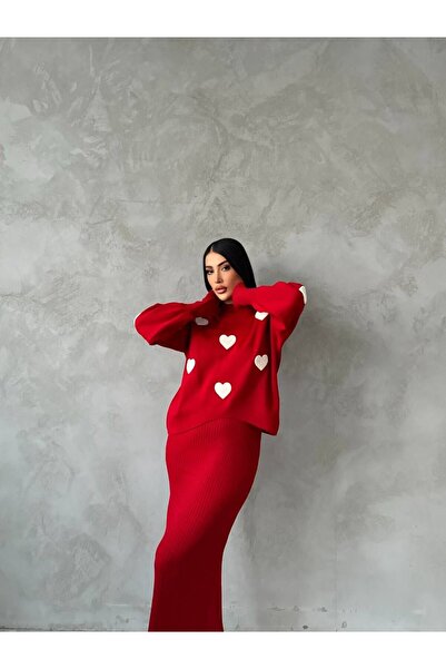 DTBUTİK Kalp Desenli Kadın Kazak Elbise Takımı
