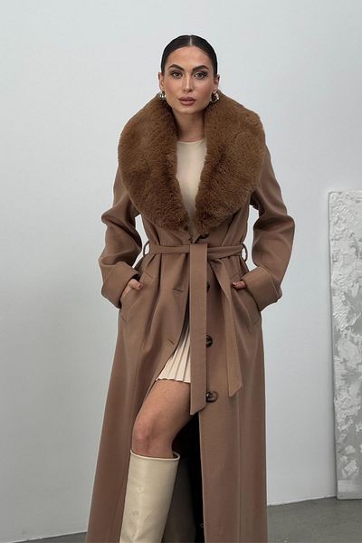 Olcay Removable Fur Men's Collar Waist Belted Coat Kamel 3015-Y