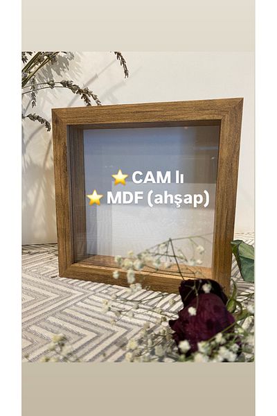 Sevcan sanat atölyesi Кутия за спомени 20x20x3 от атлантически бор FLAT със стъкло и рамка за годежно цвете в дълбочина