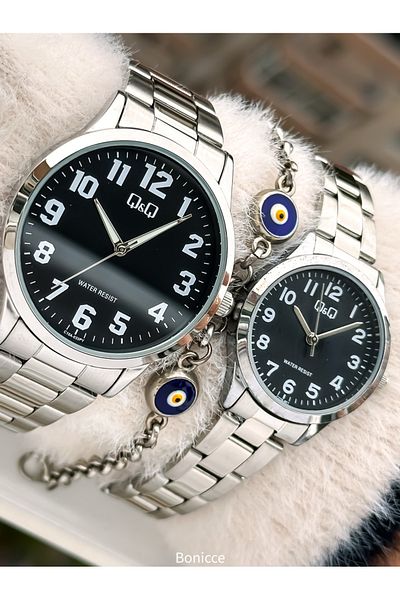 Q&Q Brand Silver Color Steel Band, Black Dial, Numeral Lover Watch + Bracelet Prayer Beads