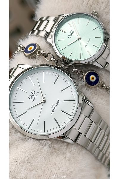 Q&Q Brand Silver Color Steel Band, White - Mint Green Dial, Lover's Watch + Bracelet Rosary