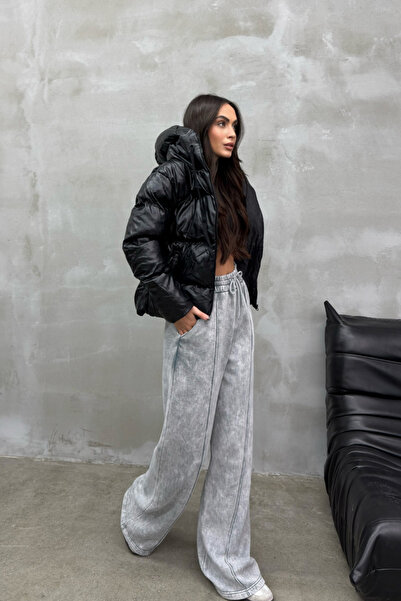 msm fashion Dámská černá kožená bunda Puffer - s kapucí a kapsami