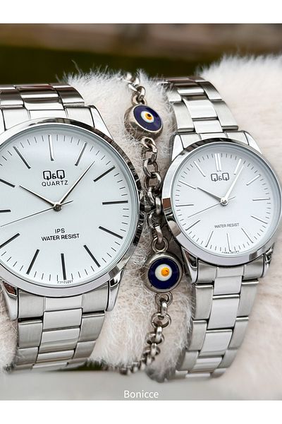 Q&Q Brand Yellow Color Steel Band, White Dial, Lover's Watch + Bracelet Rosary