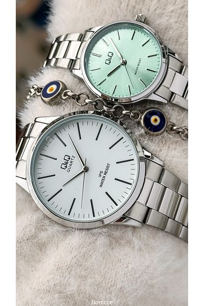 Q&Q Brand Silver Color Steel Band, White - Mint Green Dial, Lover's Watch + Bracelet Rosary