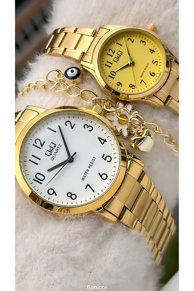 Q&Q Brand Silver Color Steel Band, White Dial, Numeral Lover Watch + Bracelet Prayer Beads