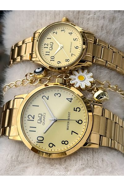 Q&Q Brand Yellow Color Steel Band, White Dial, Lover's Watch + Bracelet Rosary