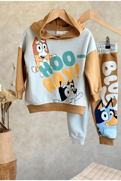 Erkek Çocuk Bluey Baskılı Pamuklu Kapüşonlu Sweatshirt ve Eşofman Alt-Üst Takım