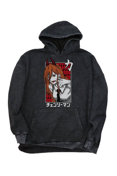 Fuddy Moda Hanorac oversize CSM Power cu glugă, spălat, unisex Chainsaw Man A...
