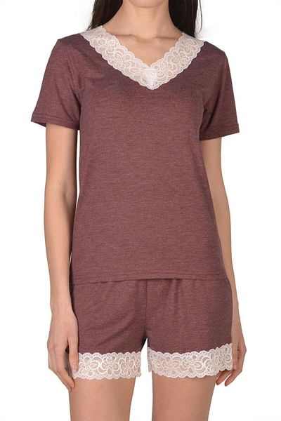 Nicoletta Set pijama pantaloni scurți de damă cu mânecă scurtă din dantela buzunar bumbac roșu claret