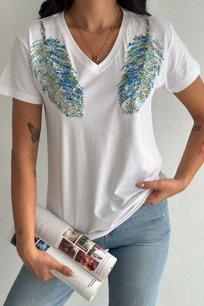 FEMELLE Tricou alb pentru femei, cu decolteu în V, pe umăr, cu paiete, brodat 100% bumbac