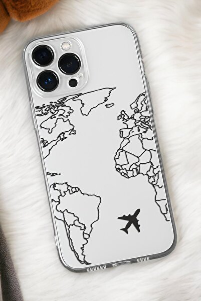 mooodcase iPhone 16 Pro Max Uyumlu World Map Lines Desenli Premium Silikonlu Şeffaf Telefon Kılıfı