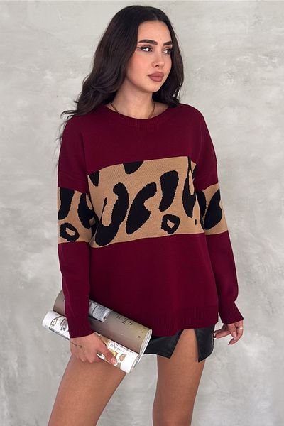 FEMELLE Pulover de damă bordeaux mărime standard cu model leopard supradimensionat