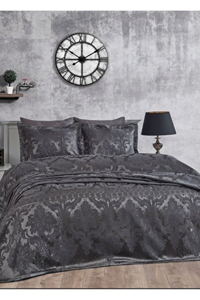 Dantela Armada Jakarlı Çift Kişilik Yatak Örtüsü - Antrasit