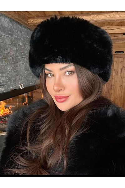 Luminos Butik Black Plush Kalpak Hat |   Women's Winter Hat with Faux Fur Spk1146