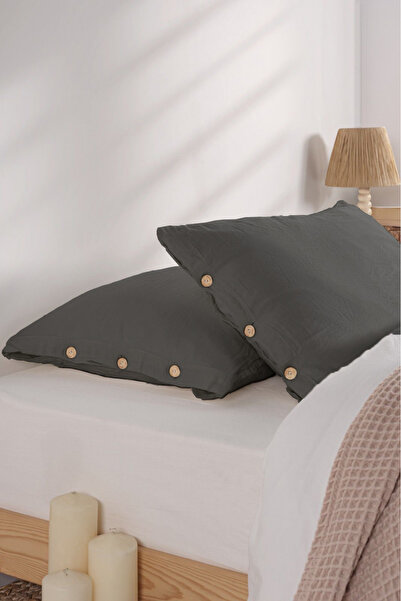Kibele Düğmeli Müslin Yastık Kılıfı Antrasit gri 50x70 2 Adet Özel İşlemle Yı...