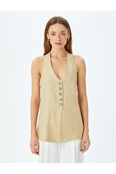 Koton Sırt Dekolte Detaylı Halter Yaka Düğmeli Uzun Yelek