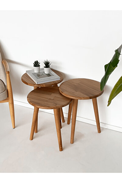 Fagus Wood ''Doğal Masif Ahşap Yörünge Sehpa Seti - 3'lü Zigon Yuvarlak Moder...