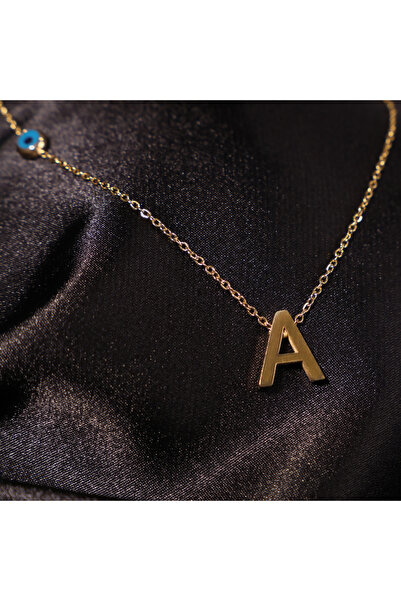 FOURSOLOS قلادة نسائية من الفولاذ، قلادة بحروف ذهبية اللون مع خرز عين الشر رق...