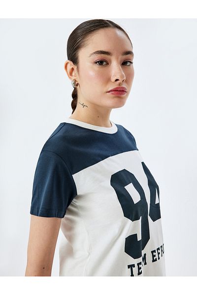 Koton College Printed Short Sleeve Color Block Crew Neck T-Shirt