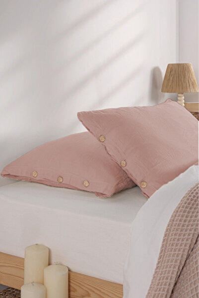 Kibele Düğmeli Müslin Yastık Kılıfı Gül Kurusu 50x70 2 Adet Özel İşlemle Yıka...